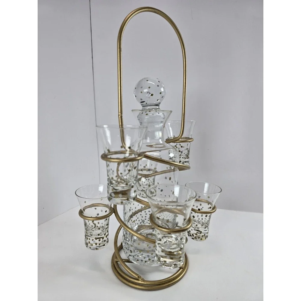 MCM Black & Gold Spots Glass Decanter Shot Glass Set Gold Caddy Barware 8 Pc